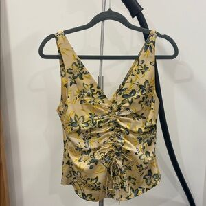 cinq a sept Butter Yellow Floral Ruched Tank